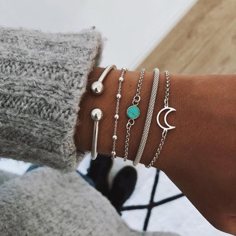 Fashion Geometrischer Stein Anhänger Armband Set Für Frauen Retro Silber Farbe Mond Handgelenk Kette Offener Armreif Dame Trendy Boho Schmuck