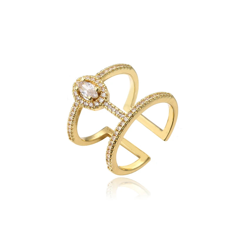 NEWBUY Fashion Goldfarbener Geometrischer Kupferring Damen Hochzeitsschmuck Heißer Verkauf AAA+ Zirkonia Fingerring Femme Bijoux