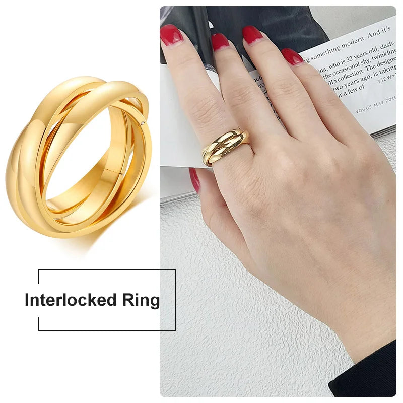Charm Damenringe Dreifach ineinandergreifender Rolling Ring Edelstahl Goldfarben Weihnachtsschmuck