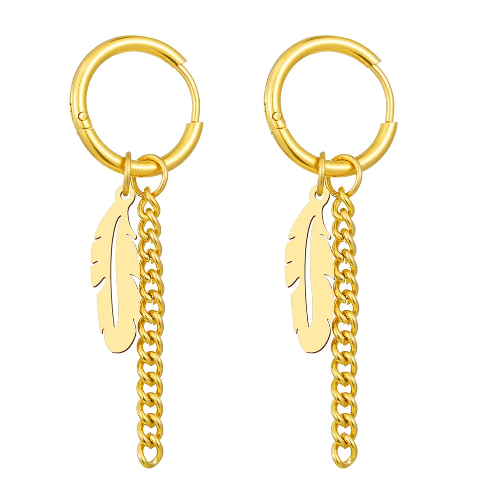 Stainless Steel Earrings Fashion Unisex Punk Gothic Feather Chain Hip Hop Pendants Gold Color Earrings For Women Jewelry Gifts