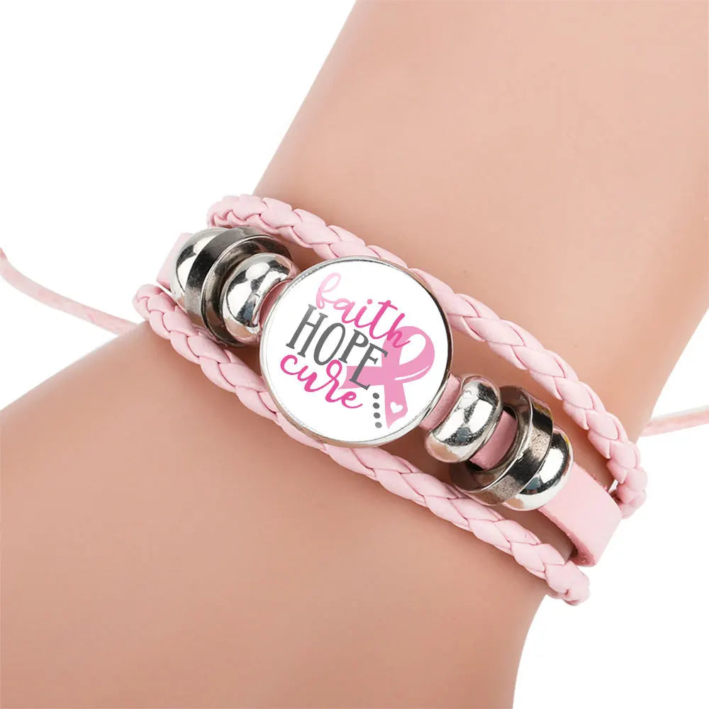 Brustkrebs-Bewusstseins-Hoffnungsarmband für Frauen Rosa Schleife Anhänger Geflochtenes Lederseil Wickelarmband Mode handgemachter Schmuck