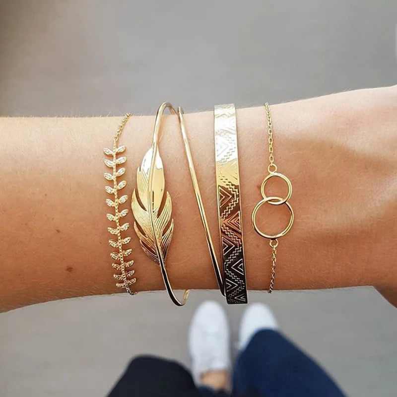 Fashion Geometrischer Stein Anhänger Armband Set Für Frauen Retro Silber Farbe Mond Handgelenk Kette Offener Armreif Dame Trendy Boho Schmuck