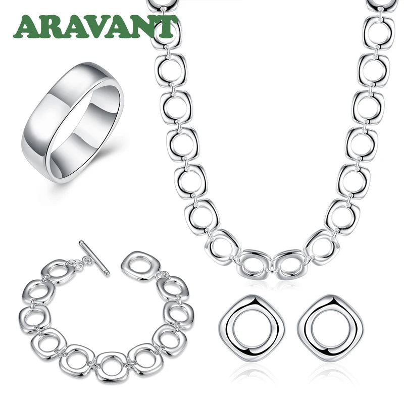 Aravant 925er Sterlingsilber quadratische Ohrringe Ringe Halskette Armband Set für Damen Partyschmuck Weihnachtsgeschenk
