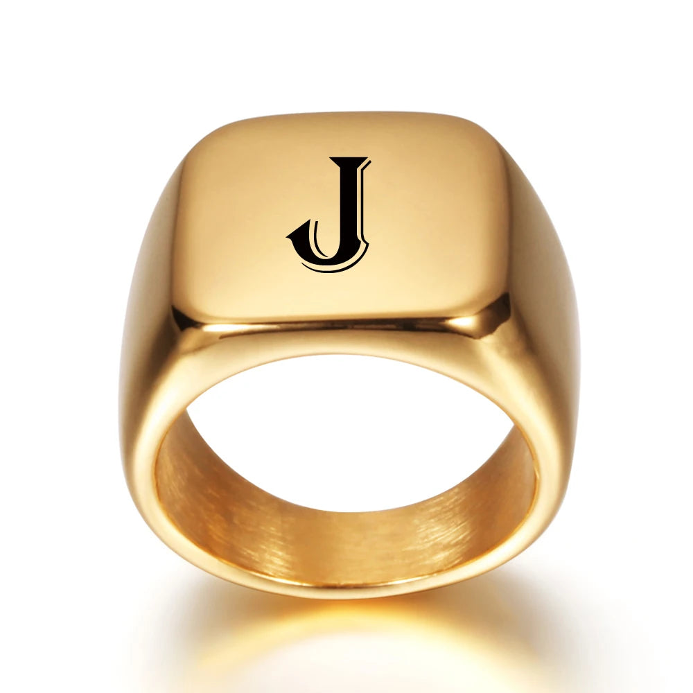 Personalisierter Anfangsbuchstabe Gravur A bis Z Alphabet Edelstahl Siegelring Blanko Glatt Hochglanzpoliert Goldfarben US-Größe