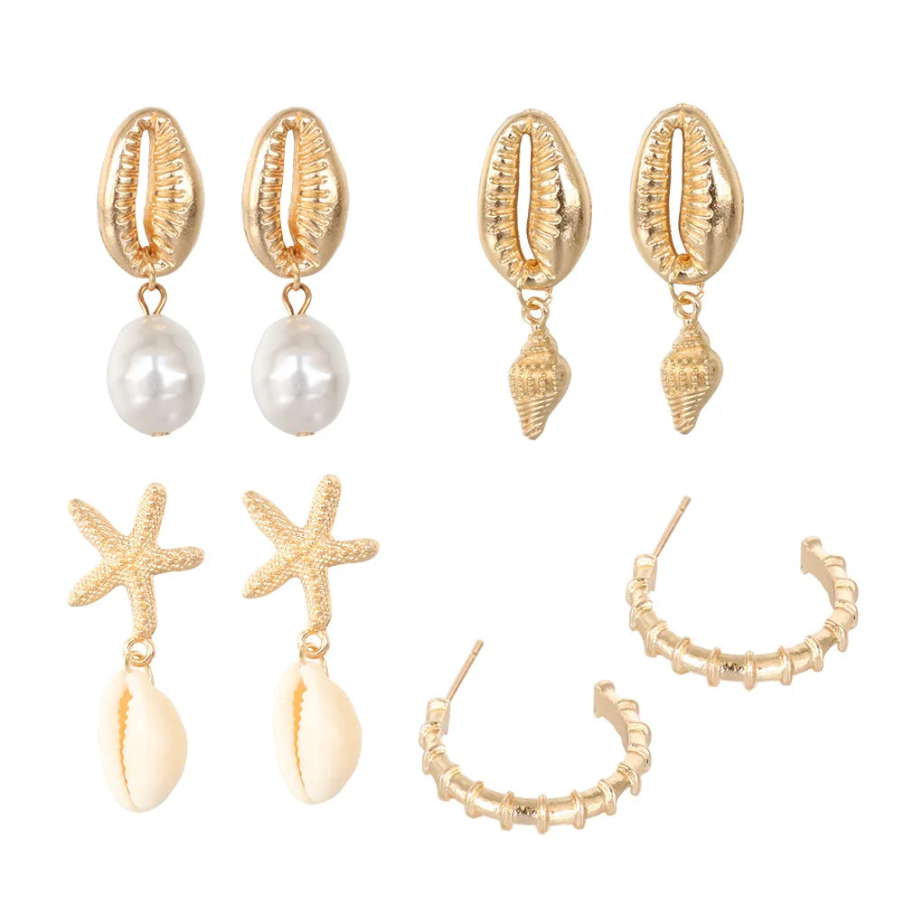 Böhmische Muschel-Seestern-Ohrhänger-Set für Damen, Sommer, Strand, Perlen-Muschel-Ohrringe, Geometrische Ohrringe, Mädchen, Modeschmuck
