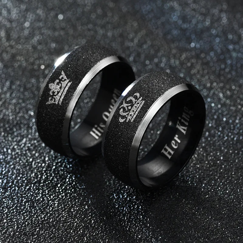 Anillos de pareja con letras "Su Rey y Su Reina" para mujer y hombre, corona, negro, 8 mm, acero inoxidable, acabado mate, joyería de boda para amantes