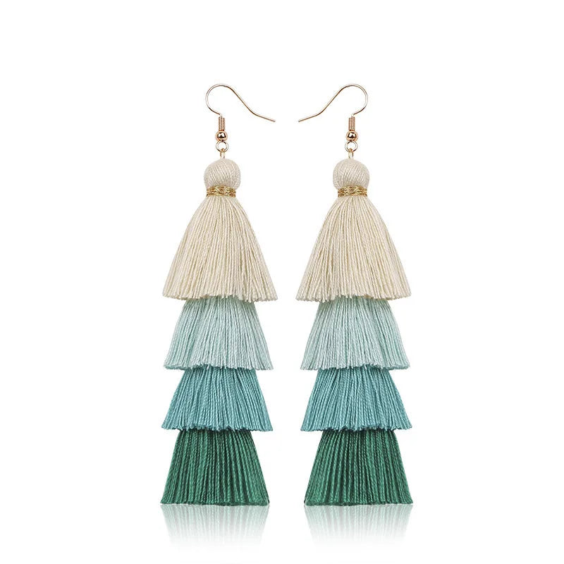 Pendientes de borlas de 4 capas estilo bohemio para mujer, aretes colgantes étnicos largos multicolor, joyería de moda para niñas