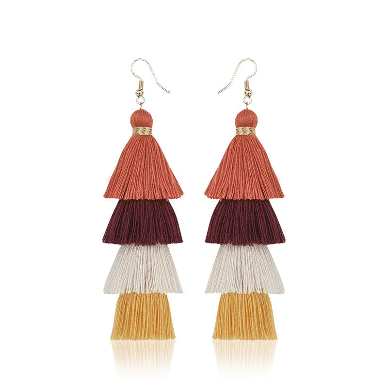 Pendientes de borlas de 4 capas estilo bohemio para mujer, aretes colgantes étnicos largos multicolor, joyería de moda para niñas