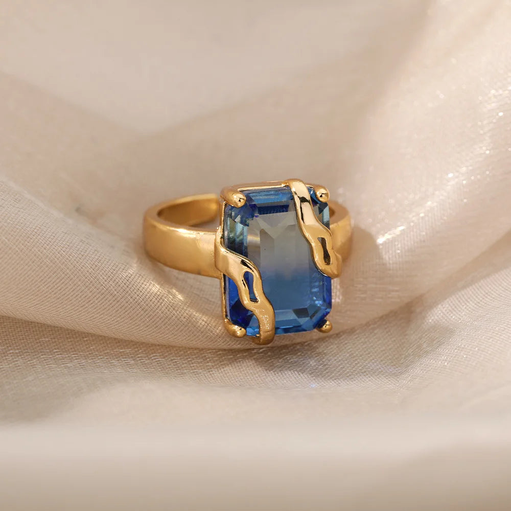Minimalistische Zirkon Blaue Kristallstein-Ringe für Frauen Edelstahl Zirkonia Quadrat Geometrie Ring Party Schmuck Geschenk