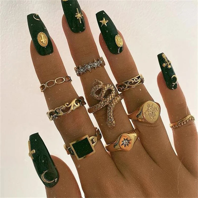 Trendiger geometrischer Mond-Knöchel-Fingerringe-Set für Frauen 2021 Böhmischer Kristallstein Damenring Hochzeitsschmuck