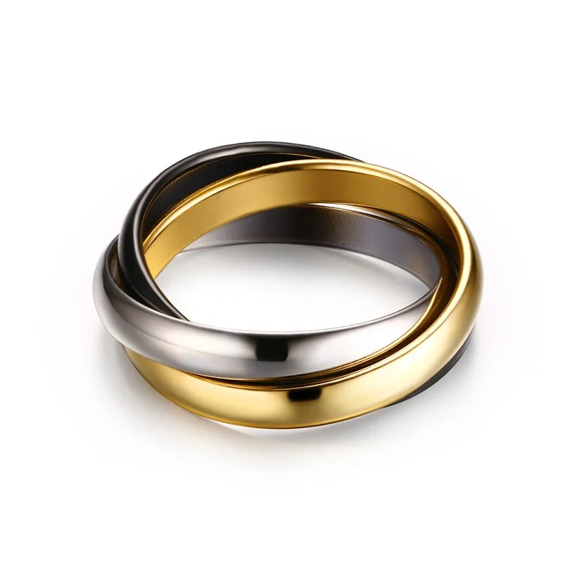 Edelstahl ineinandergreifender Dreifachring für Damen, mehrfarbiger Ehering, dreifach, drei in einem