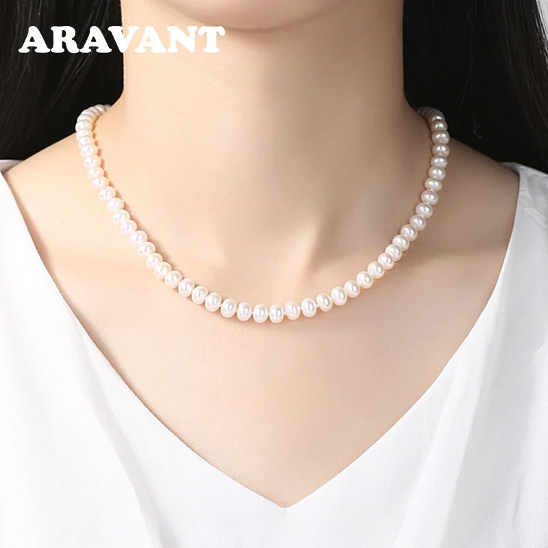 Cadena de collar de perlas de agua dulce de 8 mm de plata 925 Aravant para mujer, joyería de moda