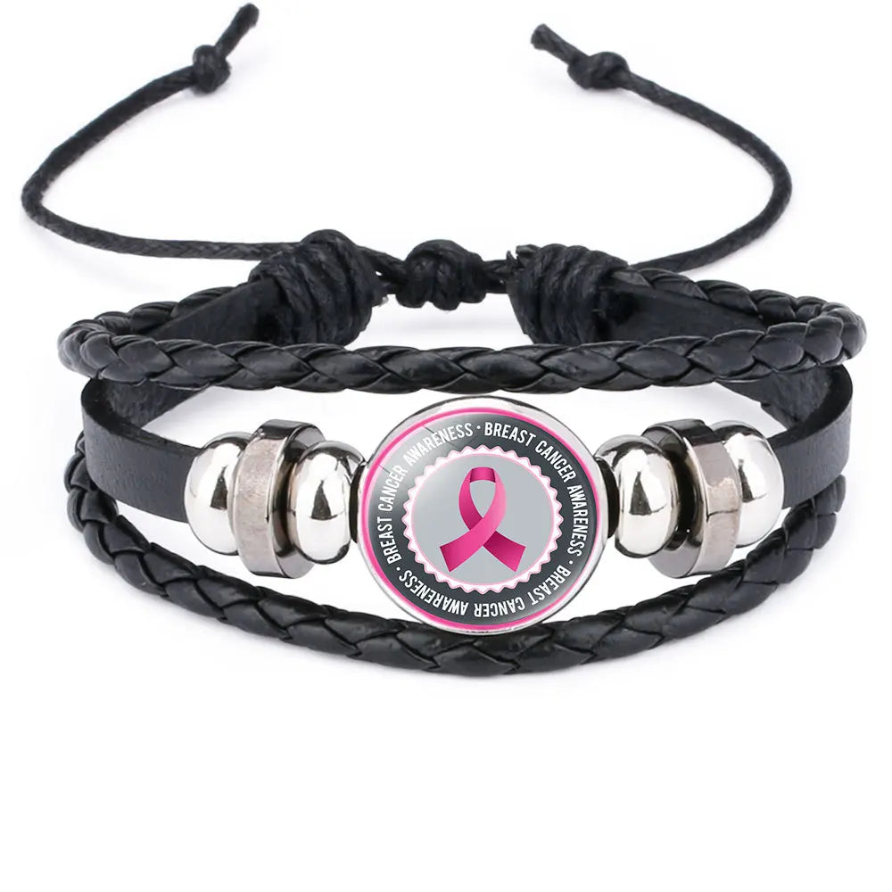 Brustkrebs-Bewusstseins-Hoffnungsarmband für Frauen Rosa Schleife Anhänger Geflochtenes Lederseil Wickelarmband Mode handgemachter Schmuck