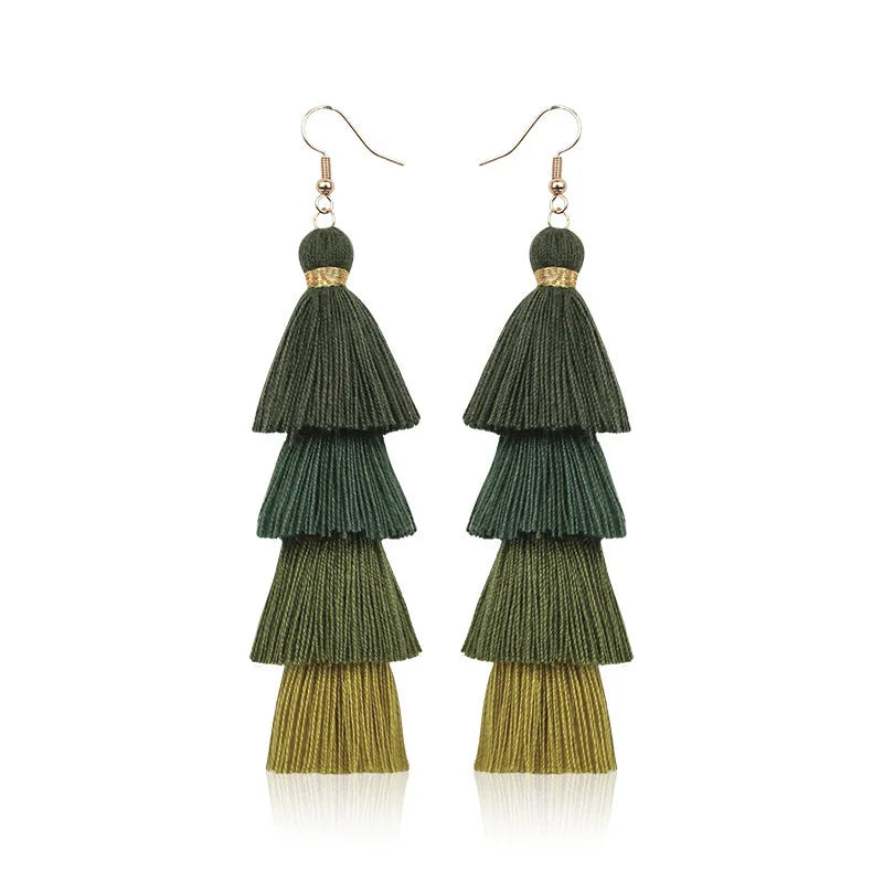 Pendientes de borlas de 4 capas estilo bohemio para mujer, aretes colgantes étnicos largos multicolor, joyería de moda para niñas