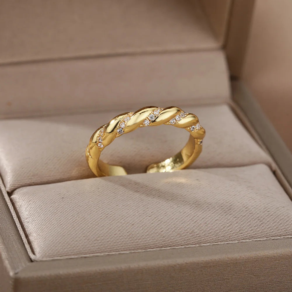 Zirkon Gedrehte Ringe für Frauen, Punk Edelstahl Goldfarben Offener Ring Geometrischer Fingerring Hip Hop Charm Schmuck Geschenk