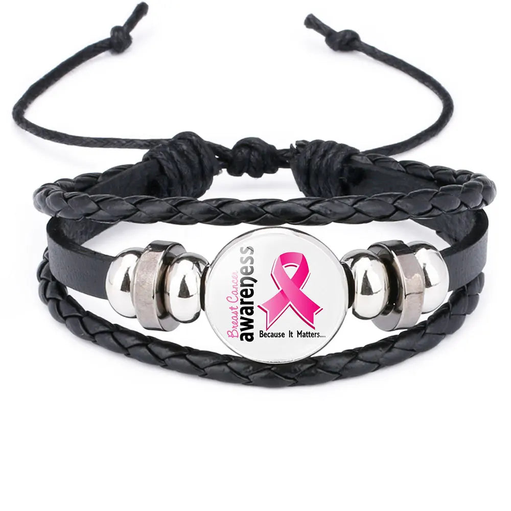 Brustkrebs-Bewusstseins-Hoffnungsarmband für Frauen Rosa Schleife Anhänger Geflochtenes Lederseil Wickelarmband Mode handgemachter Schmuck