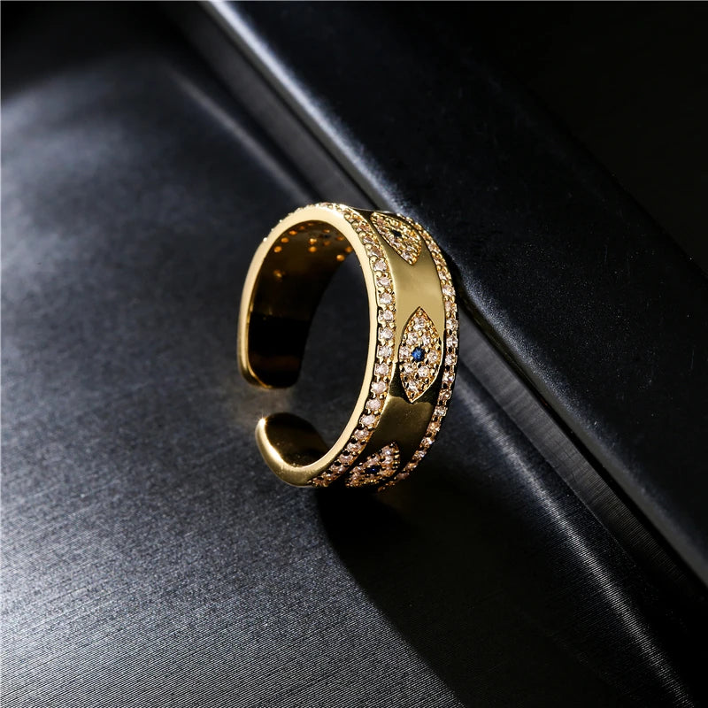 NEWBUY 2024 Fashion Gold Color Copper Wedding Jewelry AAA CZ Evil Eye Design Open Ring For Women Girl Engagement Gift