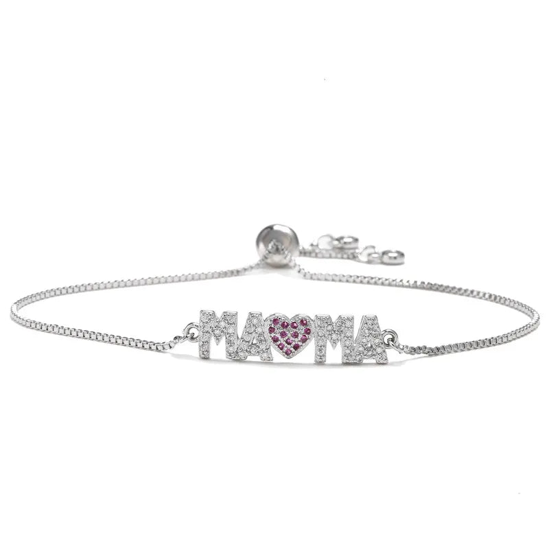 Modische goldfarbene „Mama“-Charm-Armbänder für Damen, Mädchen, verstellbare Kettenlänge, luxuriöser CZ-Schmuck als Geschenk für Mama