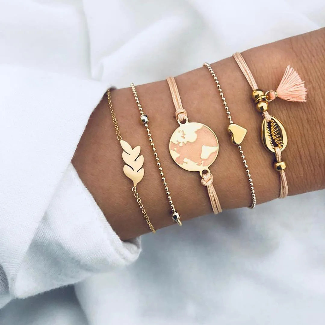 Fashion Geometrischer Stein Anhänger Armband Set Für Frauen Retro Silber Farbe Mond Handgelenk Kette Offener Armreif Dame Trendy Boho Schmuck