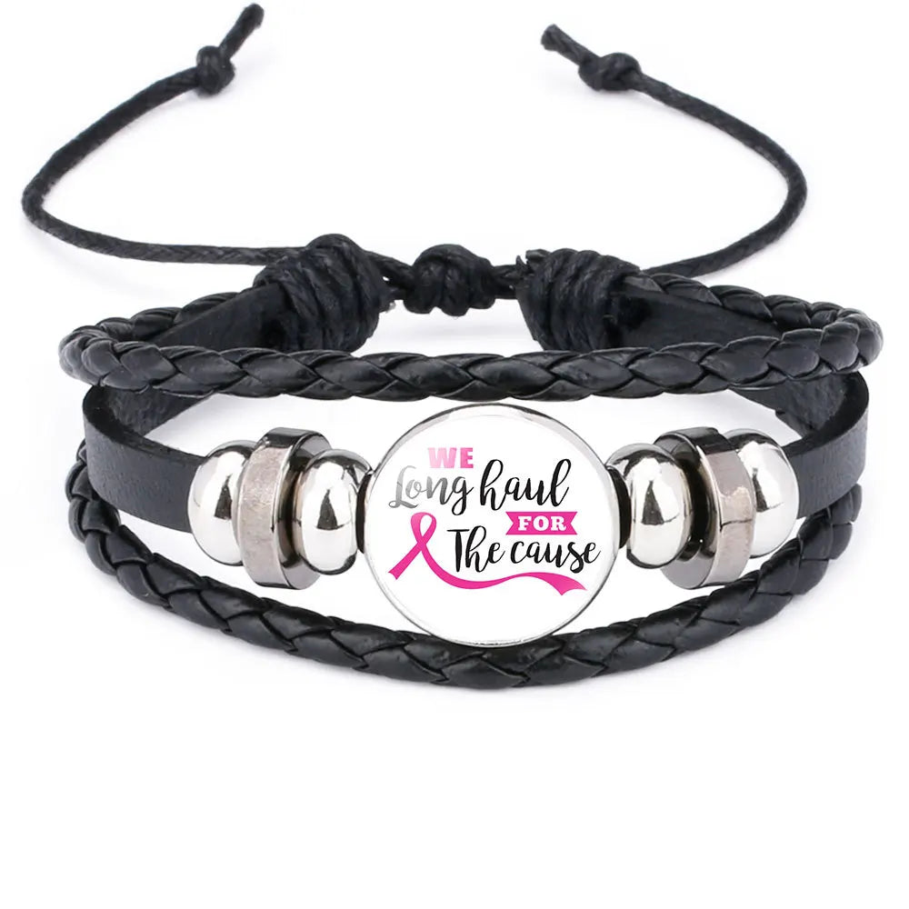 Brustkrebs-Bewusstseins-Hoffnungsarmband für Frauen Rosa Schleife Anhänger Geflochtenes Lederseil Wickelarmband Mode handgemachter Schmuck