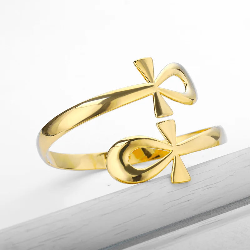 Ägyptischer Doppelkreis Ankh Kreuz Armband Armreifen für Damen Herren Vintage Edelstahl Lebensschlüssel Armband Femme Schmuck