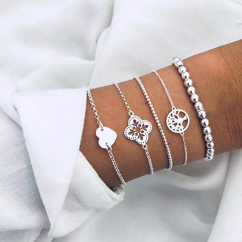 Fashion Geometrischer Stein Anhänger Armband Set Für Frauen Retro Silber Farbe Mond Handgelenk Kette Offener Armreif Dame Trendy Boho Schmuck