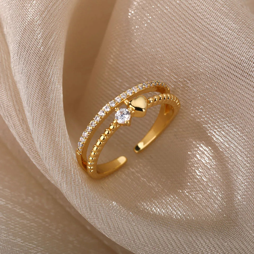 Zirkon Herzringe für Frauen Edelstahl Goldfarbe Doppelherzring Hochzeit Verlobung Schmuck Accessoires Geschenk Bijoux