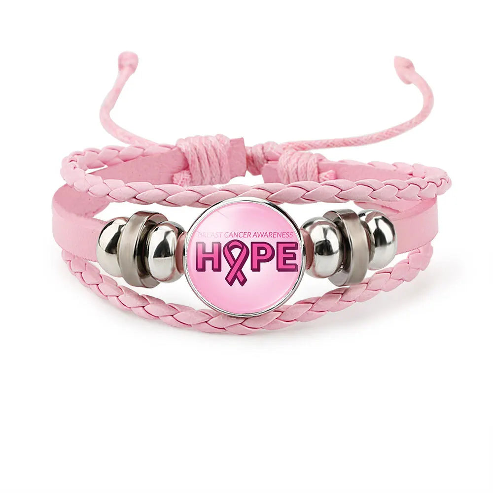 Brustkrebs-Bewusstseins-Hoffnungsarmband für Frauen Rosa Schleife Anhänger Geflochtenes Lederseil Wickelarmband Mode handgemachter Schmuck