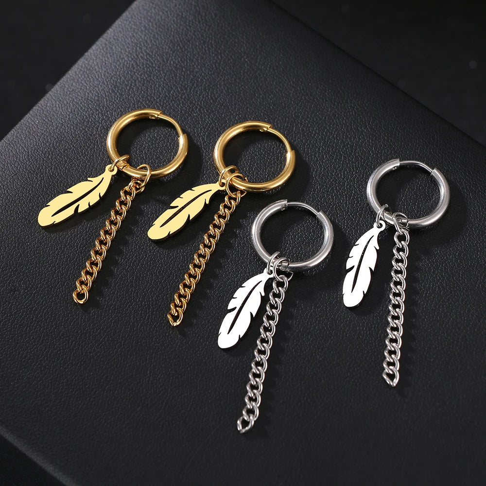 Edelstahl-Ohrringe, modisch, Unisex, Punk, Gothic, Federkette, Hip-Hop-Anhänger, goldfarbene Ohrringe für Damen, Schmuckgeschenke