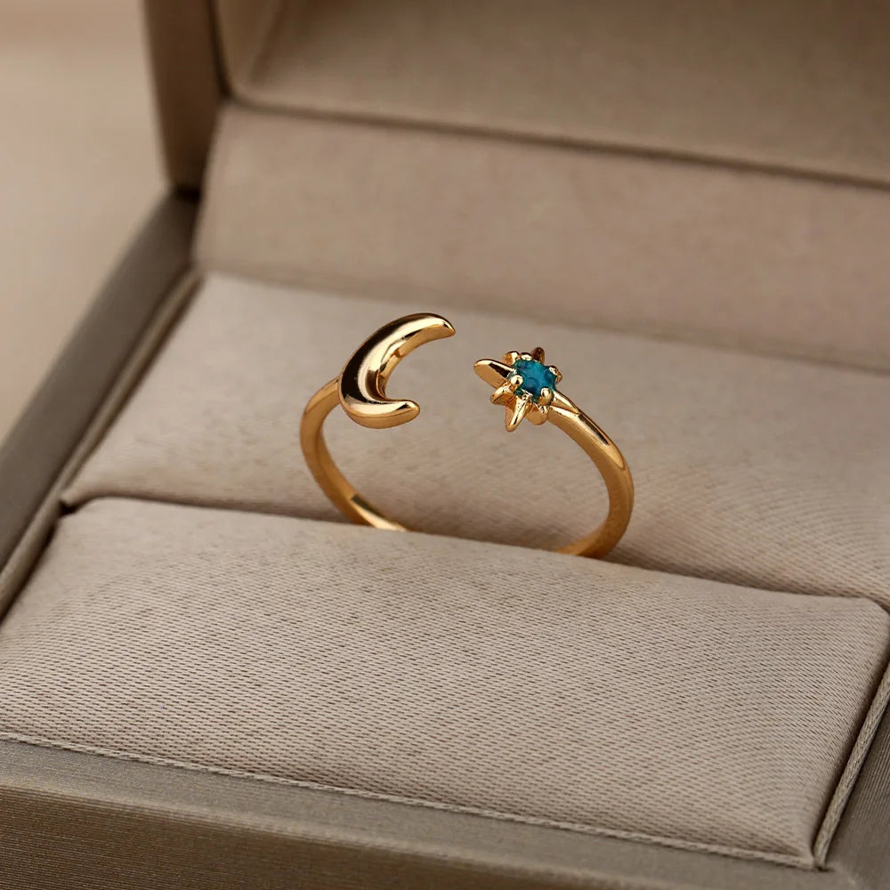 Zirkon-Mondringe für Frauen, Edelstahl, leuchtender Mond-Stern, verstellbarer Fingerring, ästhetischer Hochzeitsschmuck, Geschenk, Bague Femme
