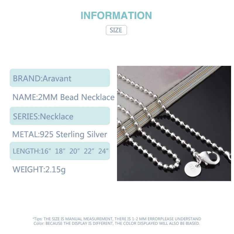 Aravant Cadena de Plata 925 de 2 mm con Cuentas para Mujer Joyería de Moda Regalos