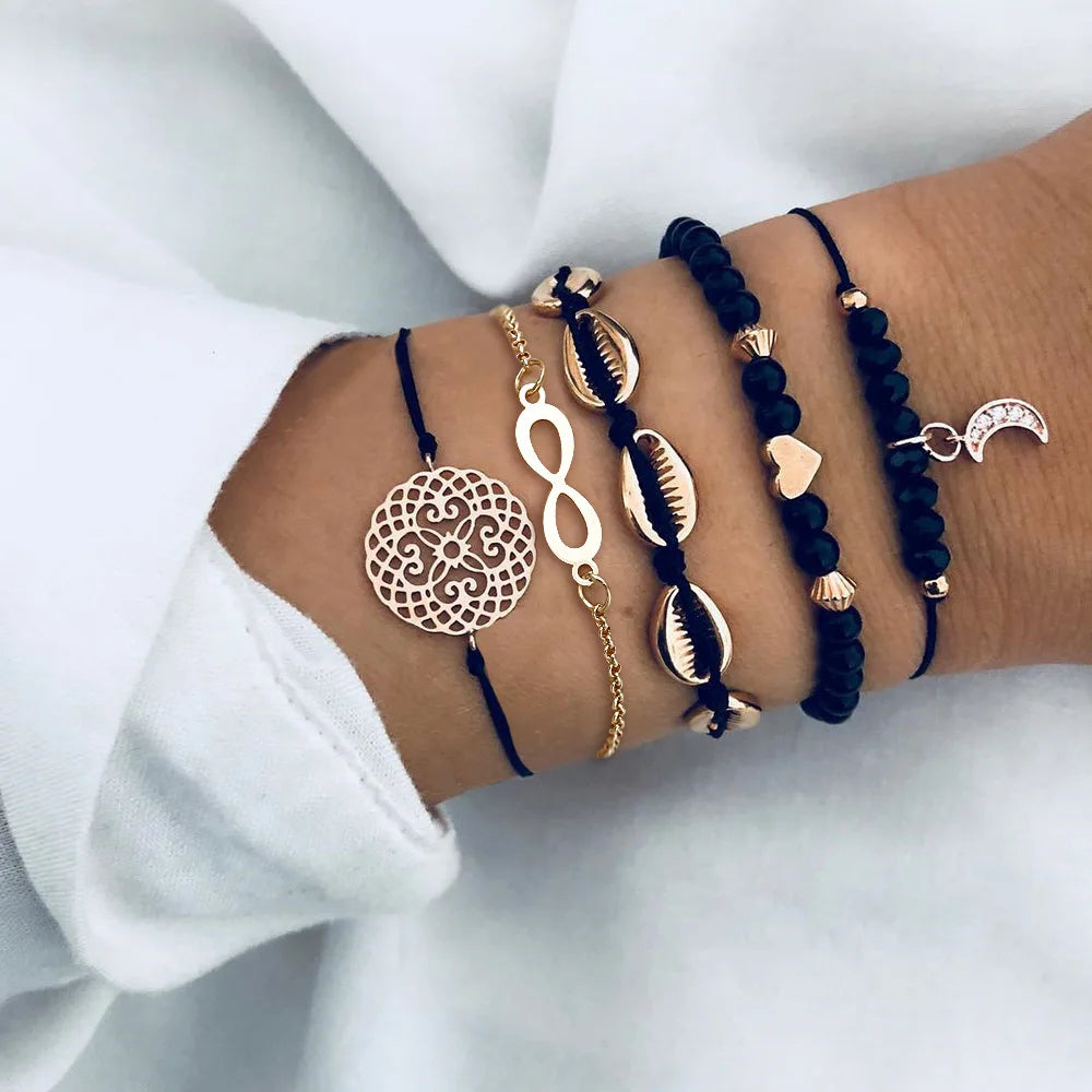 Fashion Geometrischer Stein Anhänger Armband Set Für Frauen Retro Silber Farbe Mond Handgelenk Kette Offener Armreif Dame Trendy Boho Schmuck