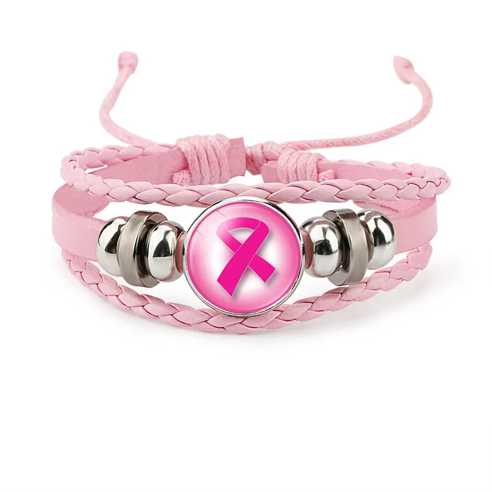 Brustkrebs-Bewusstseins-Hoffnungsarmband für Frauen Rosa Schleife Anhänger Geflochtenes Lederseil Wickelarmband Mode handgemachter Schmuck