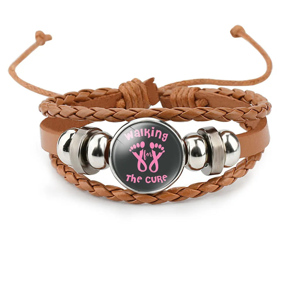 Brustkrebs-Bewusstseins-Hoffnungsarmband für Frauen Rosa Schleife Anhänger Geflochtenes Lederseil Wickelarmband Mode handgemachter Schmuck