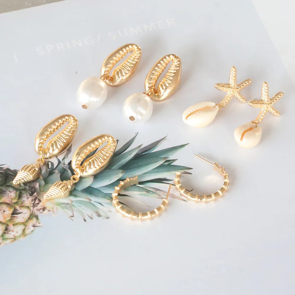 Böhmische Muschel-Seestern-Ohrhänger-Set für Damen, Sommer, Strand, Perlen-Muschel-Ohrringe, Geometrische Ohrringe, Mädchen, Modeschmuck