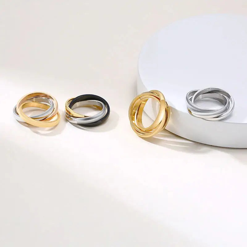 Charm Damenringe Dreifach ineinandergreifender Rolling Ring Edelstahl Goldfarben Weihnachtsschmuck