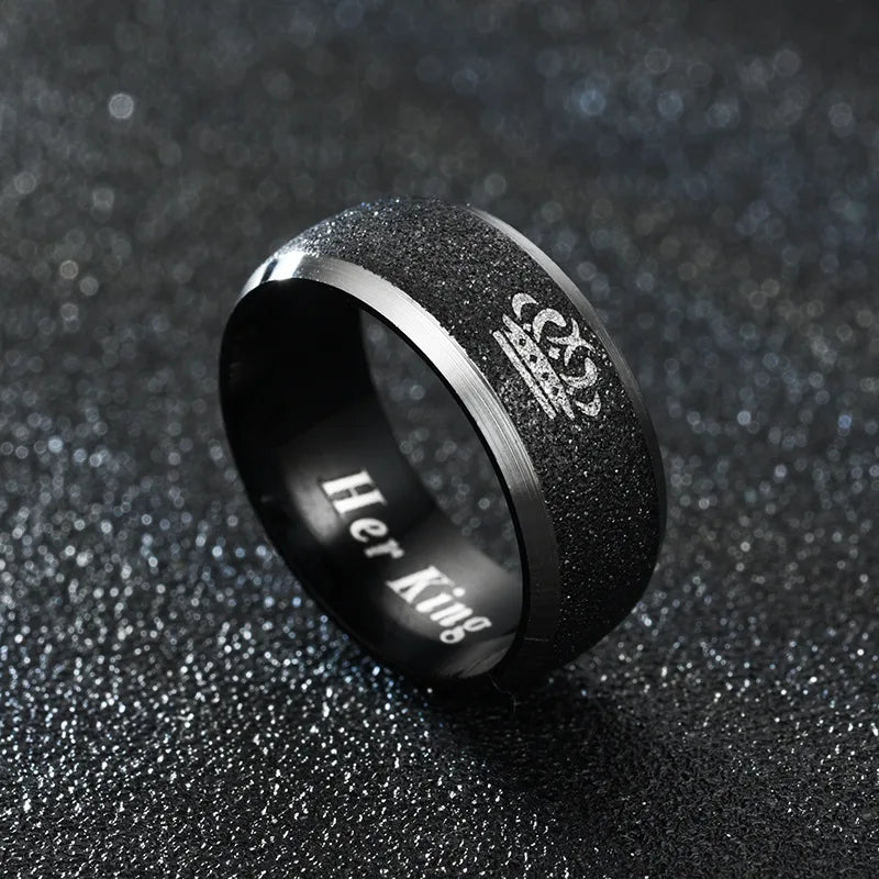 Anillos de pareja con letras "Su Rey y Su Reina" para mujer y hombre, corona, negro, 8 mm, acero inoxidable, acabado mate, joyería de boda para amantes