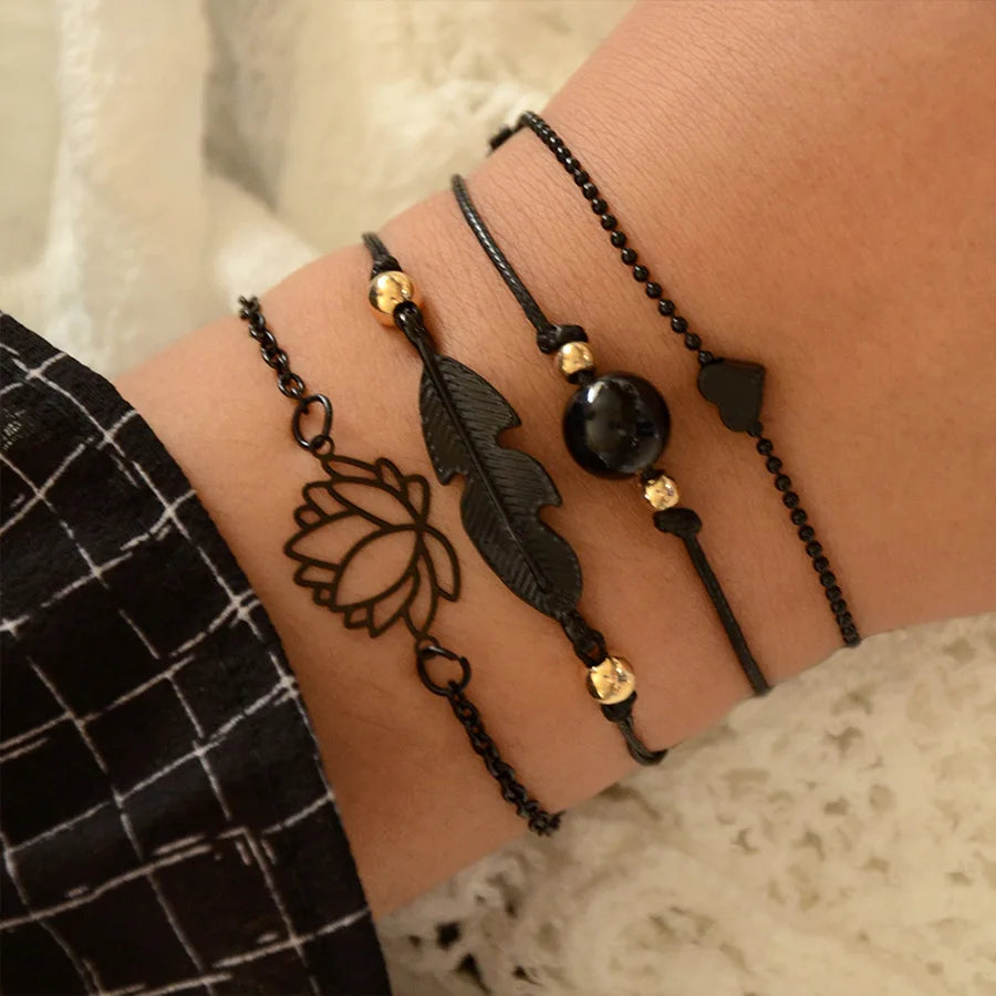 Fashion Geometrischer Stein Anhänger Armband Set Für Frauen Retro Silber Farbe Mond Handgelenk Kette Offener Armreif Dame Trendy Boho Schmuck