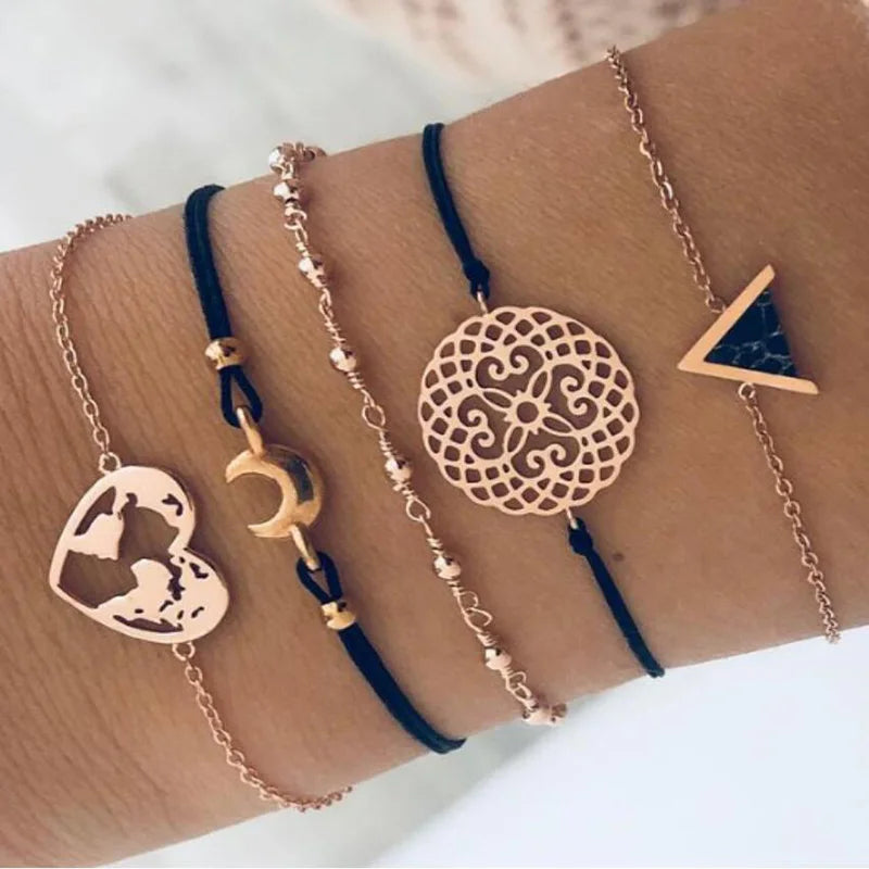Neues böhmisches schwarzes Seilkettenarmband-Set für Frauen, Flugzeug, Muschel, Mond, Herz, Kristall-Charm-Armreif, Boho-Schmuck