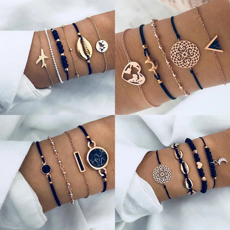 Neues böhmisches schwarzes Seilkettenarmband-Set für Frauen, Flugzeug, Muschel, Mond, Herz, Kristall-Charm-Armreif, Boho-Schmuck