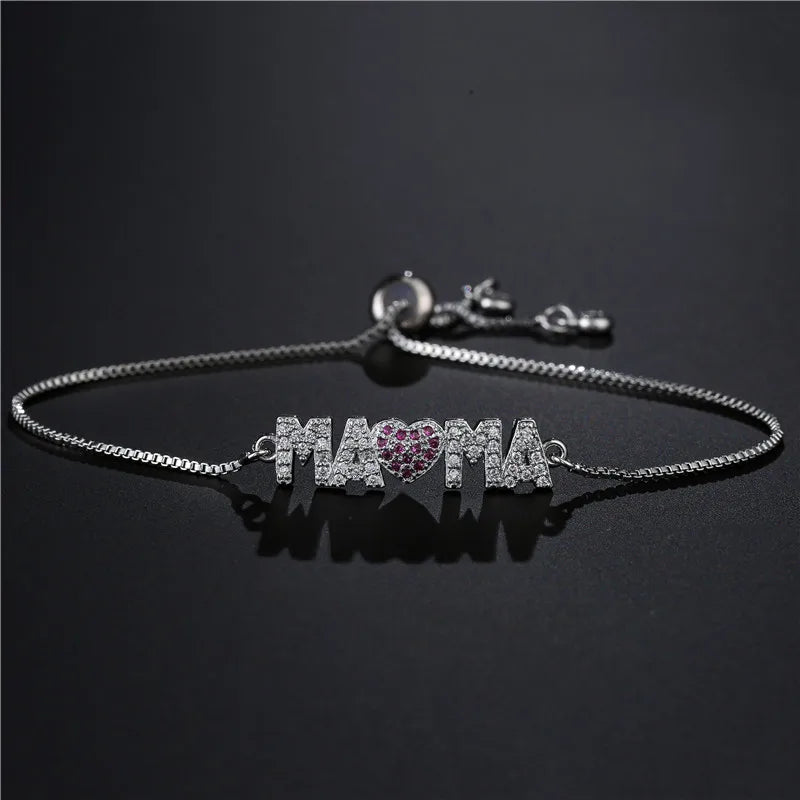 Modische goldfarbene „Mama“-Charm-Armbänder für Damen, Mädchen, verstellbare Kettenlänge, luxuriöser CZ-Schmuck als Geschenk für Mama