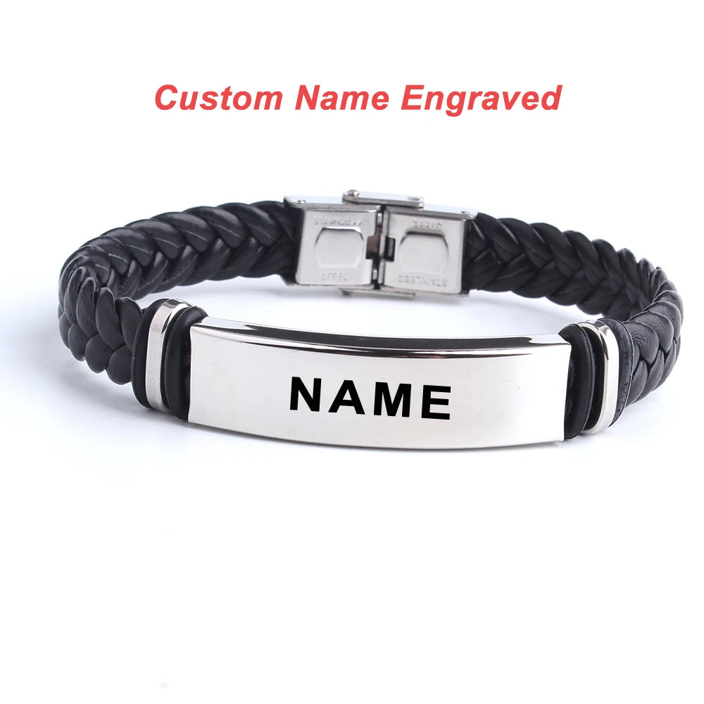 Custom logo Name Engrave Leather Bracelet Black Color customize Stainless Steel Bracelets For Women Men ID Bracelet