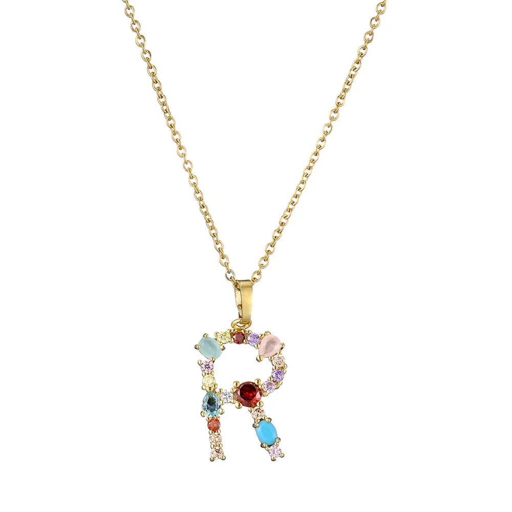 2024 New Hot Colourful Crystal AAA CZ 26 Capital Letters Pendant Necklace For Women Girl Gold Color Copper Initial Name Jewelry