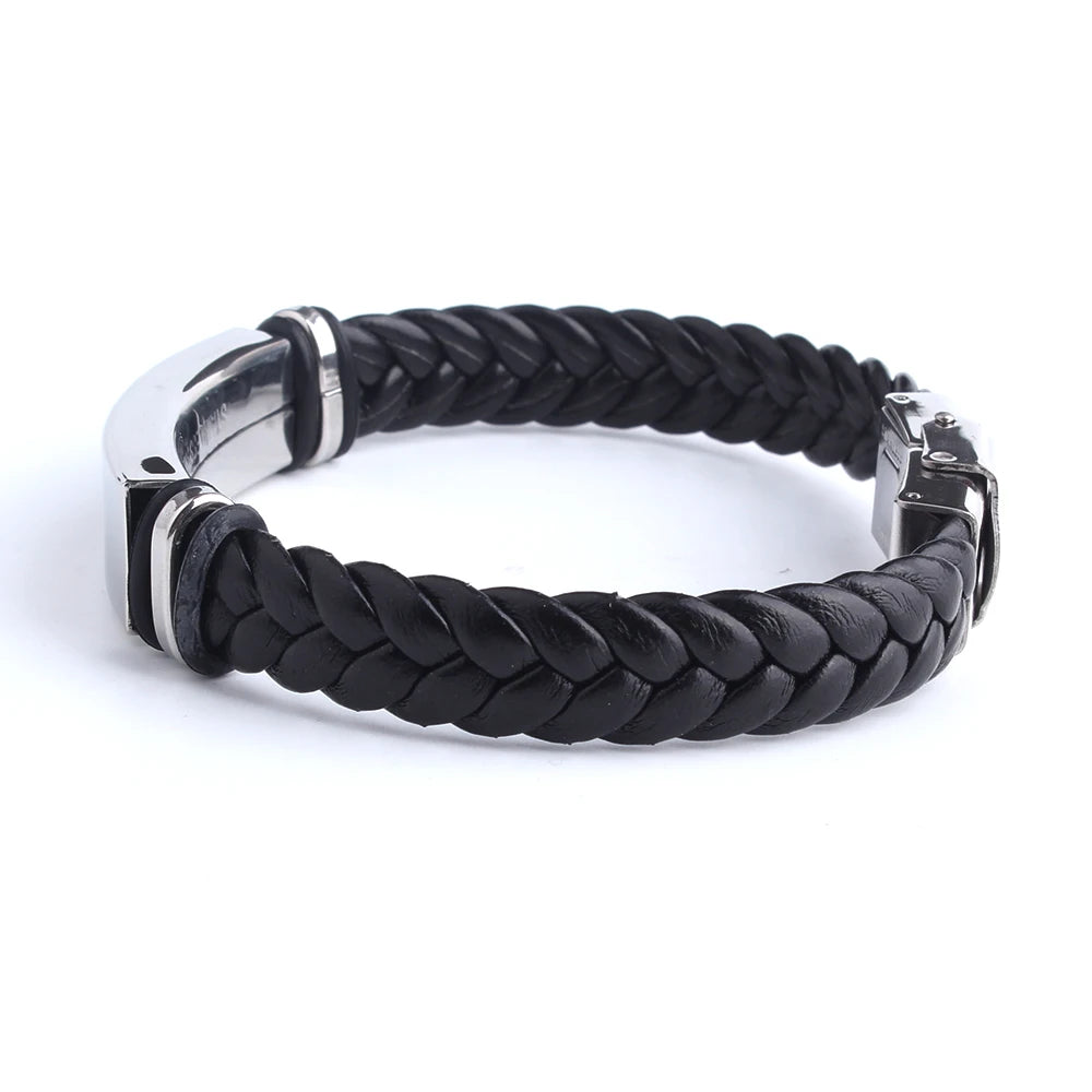 Custom logo Name Engrave Leather Bracelet Black Color customize Stainless Steel Bracelets For Women Men ID Bracelet