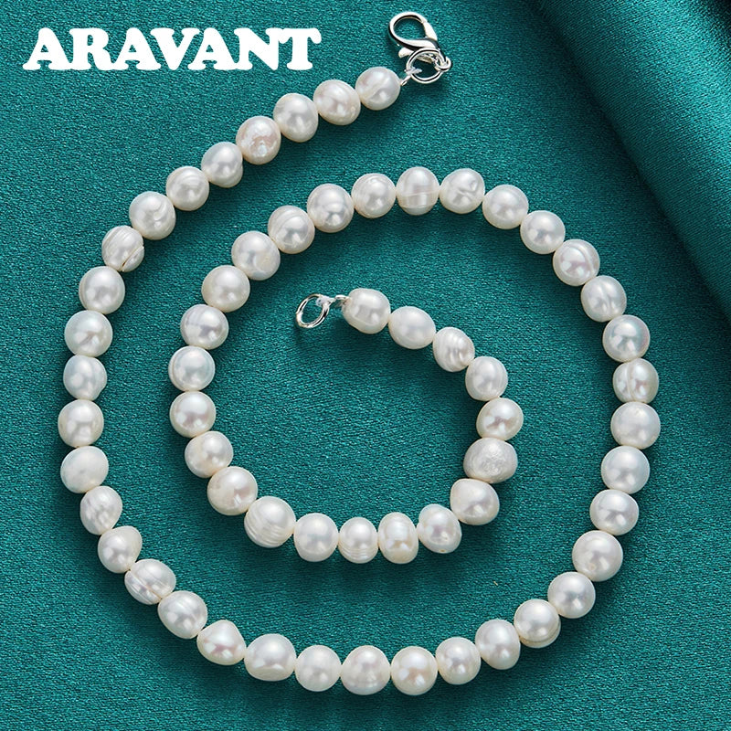 Aravant Collares de perlas de agua dulce de plata 925 con cadena para mujer, joyería de moda para bodas