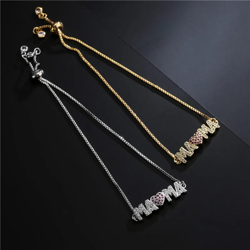 Modische goldfarbene „Mama“-Charm-Armbänder für Damen, Mädchen, verstellbare Kettenlänge, luxuriöser CZ-Schmuck als Geschenk für Mama