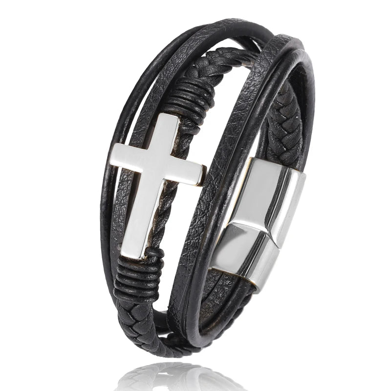 Boho personalisiertes Herren-Familiennamenarmband Schwarz Kreuz geflochtenes Leder mit Edelstahl-Anhängerarmband Individueller Namensschmuck