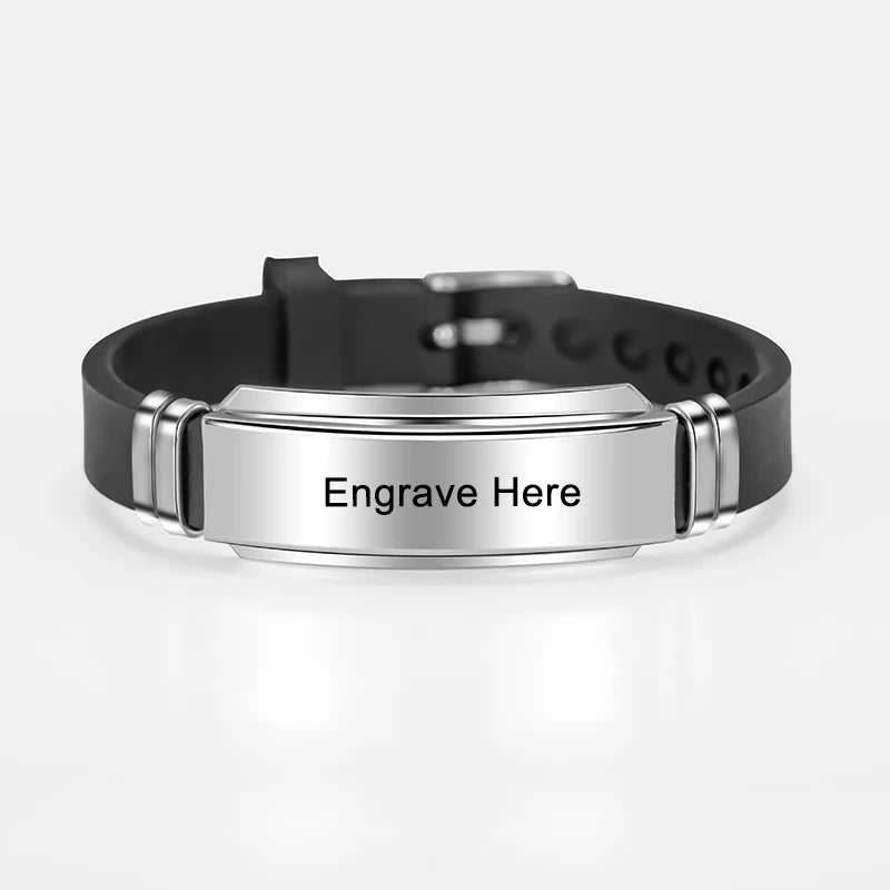 Personalisiertes graviertes Namens-Buchstaben-Logo-Armband Edelstahl Silikon Armbänder Armreifen für Männer Frauen Individueller Schmuck