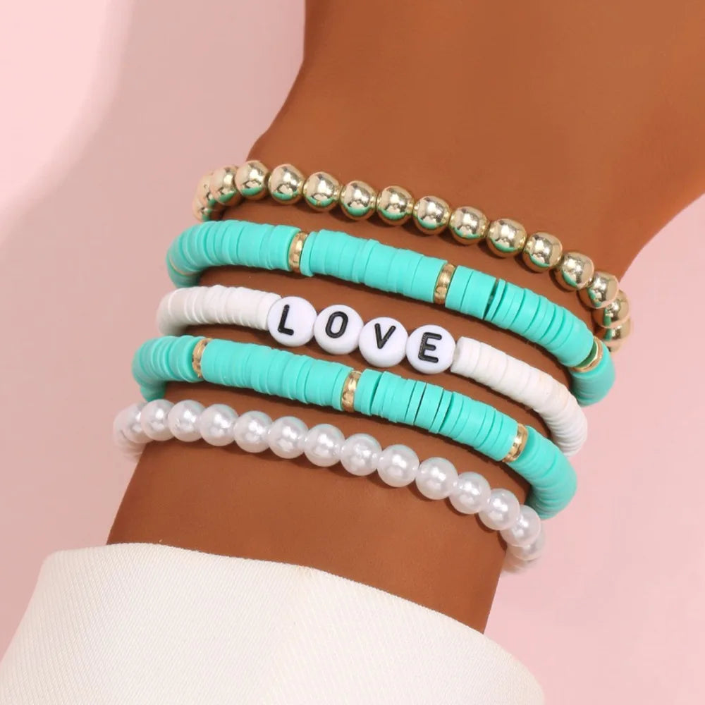 Juego de Pulseras Apilables Arcoíris de Moda para Mujer con Dijes de Corazón, Arcilla Blanda, Cuentas en Capas, Cadena, Brazalete, Joyería Bohemio Femenina