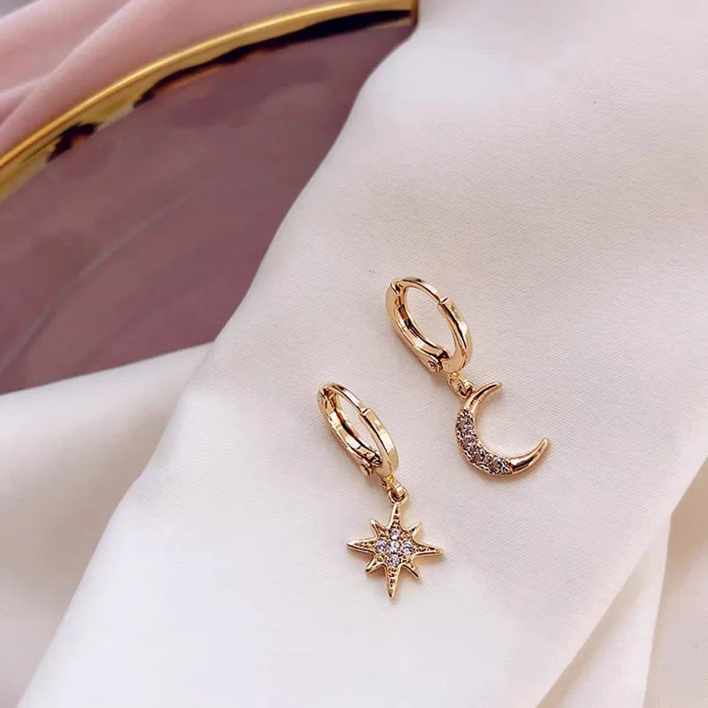 VENTFILLE 925 Sterling CZ Stern Mond Asymmetrische Creolen für Frauen Mädchen Gold Silber Farbe Party Schmuck Geschenke